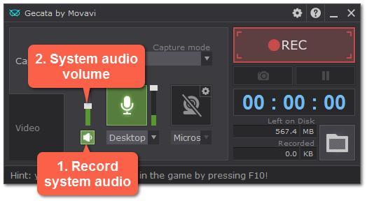To enable recording system audio, click the speaker icon on the recording panel. 2.