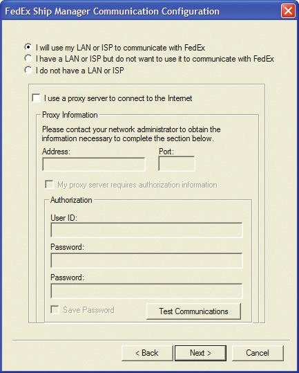 3. On the Communication Configuration screen, click to indicate your connection.