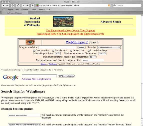 Figure 2 The Frege and language search returns 0 results in Webglimpse 2, while Google returns the Frege entry containing the section on language.