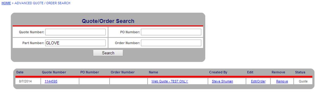 Recent Orders The Recent Orders section lists the Order Date, Order Number, PO Number, Order Name, who it was Created By, and the Order Status.