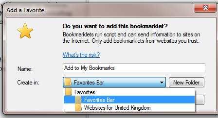 Click on My Bookmarks and then Install Bookmark Button (on the right of the screen). Follow the instructions on the screen as they will guide you through the process for the browser you are using.