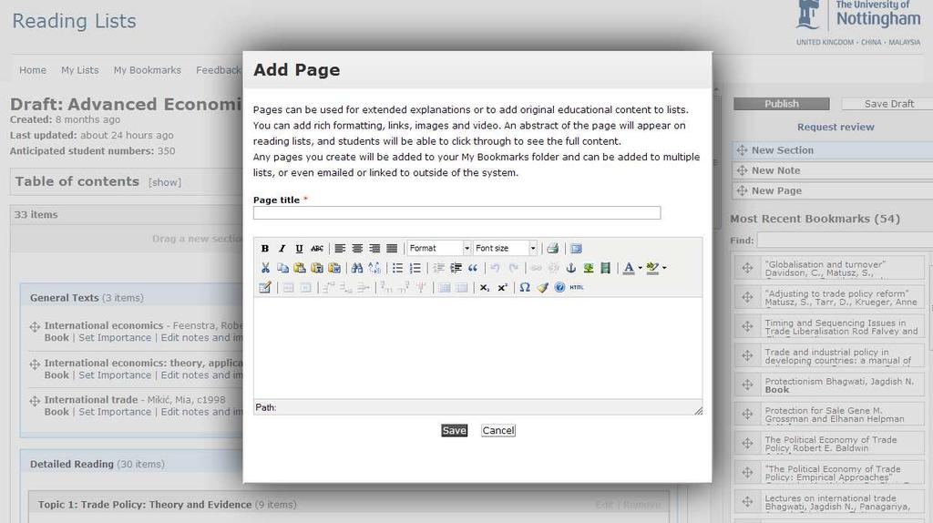 Any pages you create will be added to your My Bookmarks folder and can be added to multiple lists, or even emailed or linked to outside of the system.