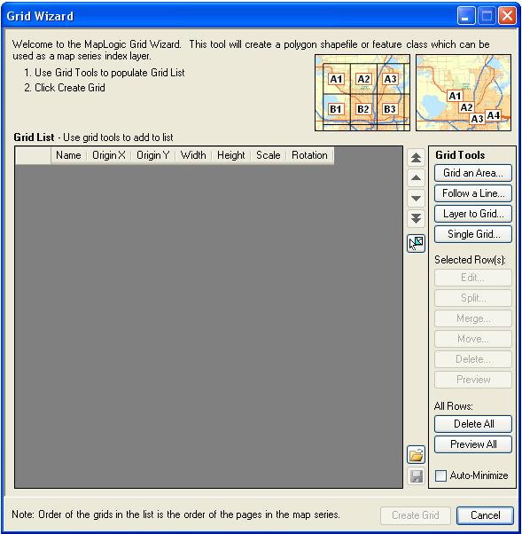 This will display the Grid Wizard dialog. The process of creating an Index Layer using the Grid Wizard is to use one or more of the grid tools available on the wizard to populate the Grid List.