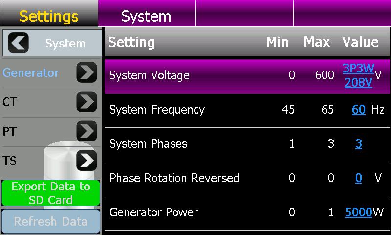 c. On the System Voltage Row, select the underlined