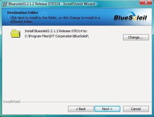 4. Click Change if you would like to change the directory that the Bluetooth software is installed to.