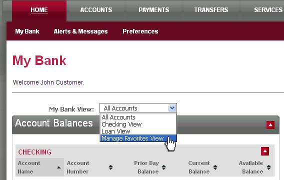 Navigate by clicking on the My Bank View link> Manage Favorites View from the My Bank page. A Favorites View consists of a selected group of accounts.