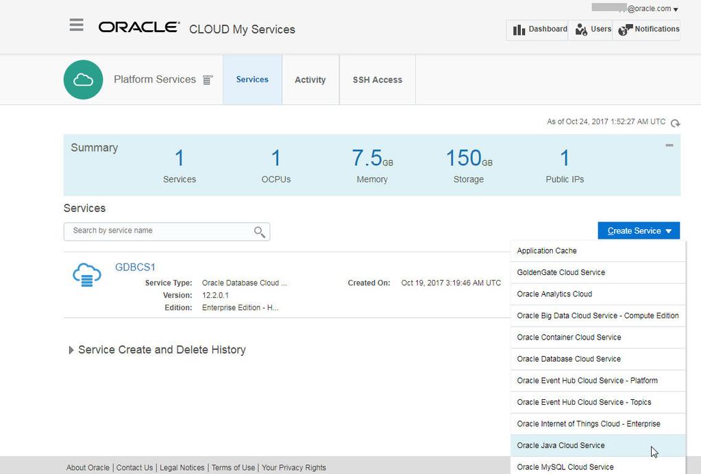 Service step: Provide a Service Name and optional Service Description Select Oracle Java Cloud