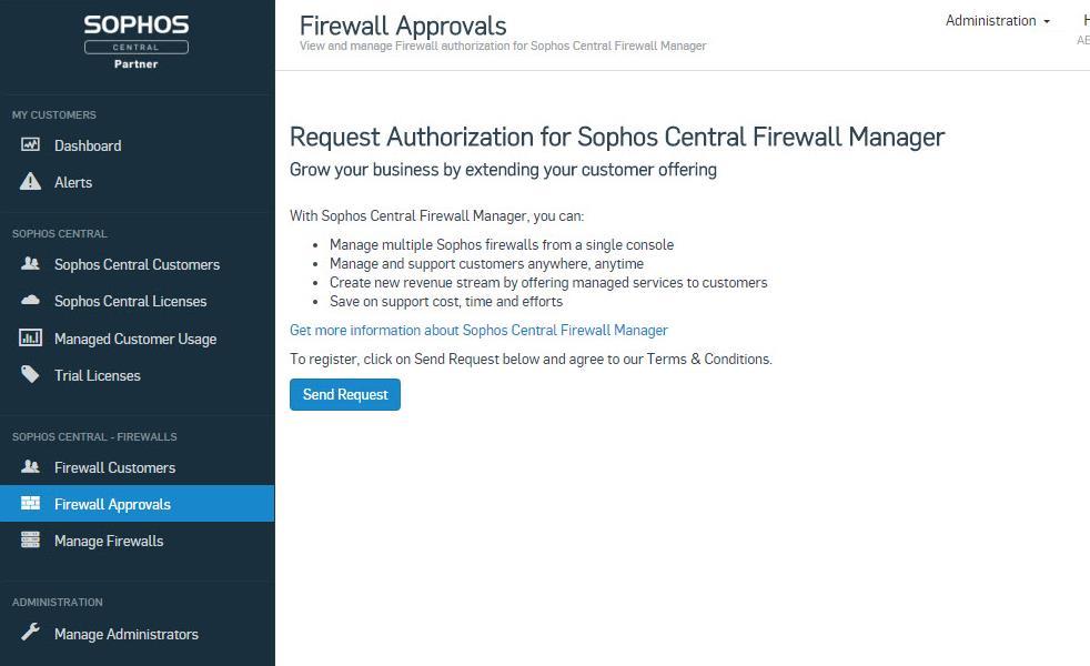 Step 2: Start using Sophos Central Firewall Manager Only the Primary Partner Contact can accept terms and conditions for Partner account to access Sophos Central Firewall