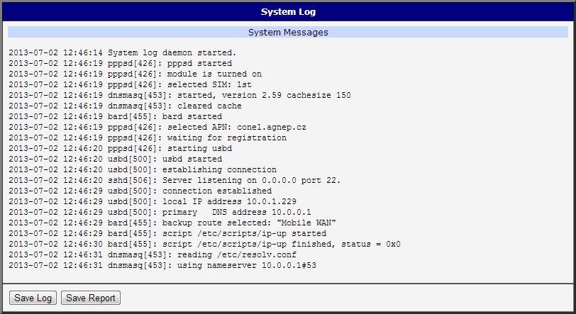 2.3 System Log In case of any problems with connection to GPRS it is possible to view the system log by pressing the System Log menu item.
