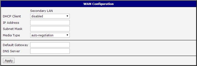 Figure 5: Network configuration (WAN) 2.6 SMS configuration Configuration of SMS sending can be invoked by pressing the SMS item in the menu of the user module web interface.