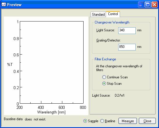 6.1.2.6.2 [Control] tab Figure 6.31 [Preview] Dialog, [Control] tab Changeover wavelength [Light Source] [Grating/Detector] Sets the changeover wavelength for the deuterium lamp and halogen lamp.