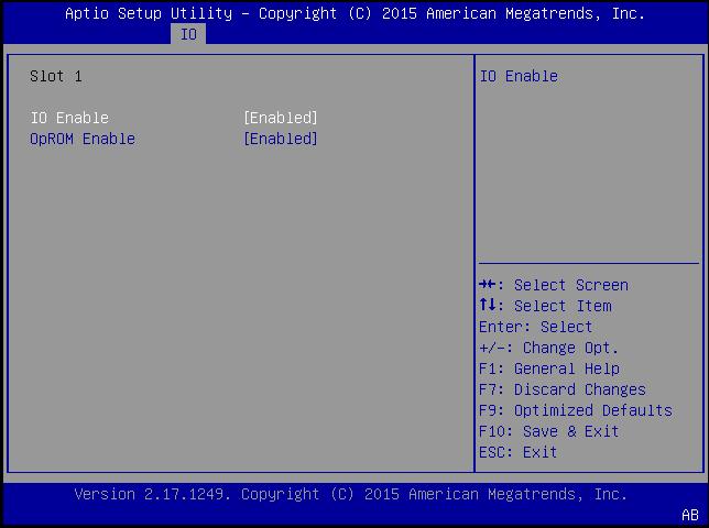 Configure Option ROM and I/O Space Allocation A screen displays options for the selected slot. 4.