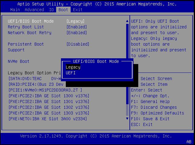 Select UEFI Boot Mode or Legacy BIOS Boot Mode (BIOS) The UEFI/BIOS Boot Mode dialog box appears. 4. Select Legacy or UEFI.