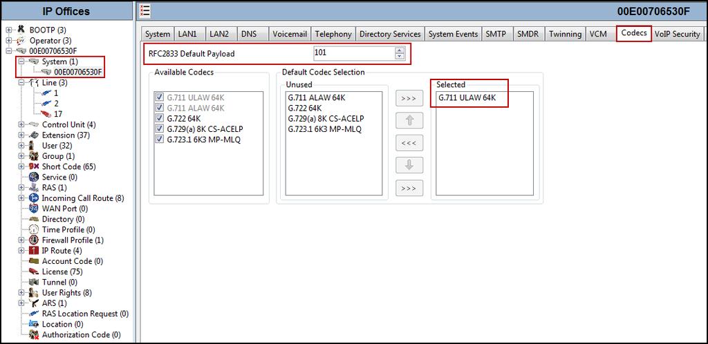 5.2.4. System Codecs Tab In the Codecs tab of the Details Pane, select or enter 101 for RFC2833 Default Payload.