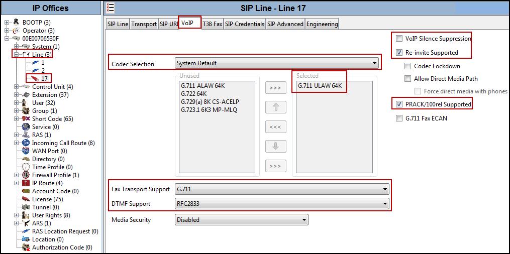 5.4.6. SIP Line - VoIP Tab Select the VoIP tab, to set the Voice over Internet Protocol parameters of the SIP Line. Set or verify the parameters as shown below.