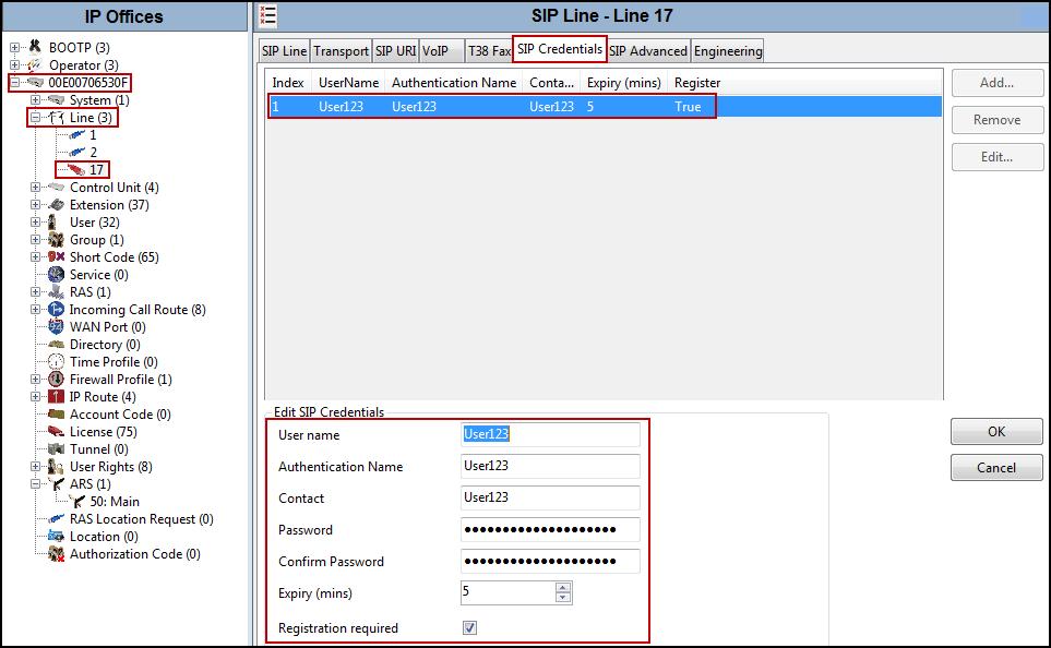 5.4.7. SIP Line SIP Credentials Tab Select the SIP Credentials tab, and then click the Add button to add the SIP Trunk registration credentials. Set the parameters as show below.