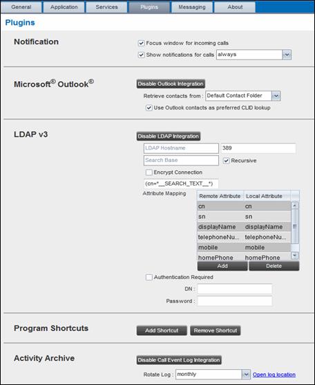 SETTINGS PLUG-INS You use the Plugins tab to configure the plug-in software used by Receptionist to provide functionality such as call notification, LDAP and Outlook directories, program shortcuts,