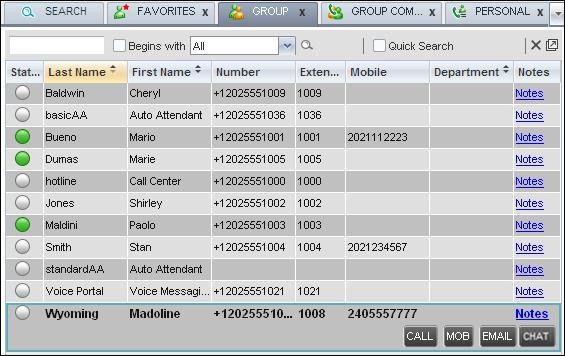 Figure 20 Group Tab Contact in Focus with Action Buttons For the list of action buttons available in Receptionist, see section Call Action Buttons.