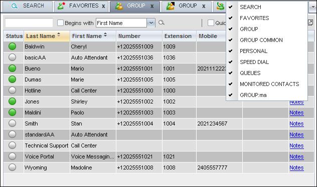 Figure 62 Contacts Pane Expanded Options Menu To display or hide a directory tab in the Contacts pane: 1. At the top right-hand side of the Contacts pane, click the drop-down arrow. 2.