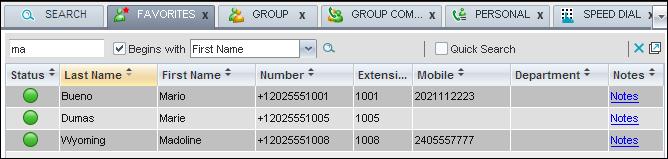 Figure 66 Contacts Pane Search Results The search returns either all the contacts (in the selected directory) that contain the entered keyword or all the contacts that start with the entered keyword.