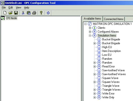 SYS600 9.4 1MRS758101 Figure 4.6: OPC Configuration Tool main window Expand the Simulated Items branch in the tree on the right side of the main window.