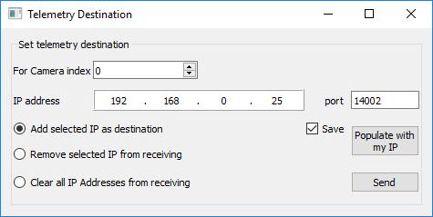 In the Telemetry Destination dialog window, select the camera index number. This will be the source camera for the pixel telemetry. 4. Set the destination IP address and port.