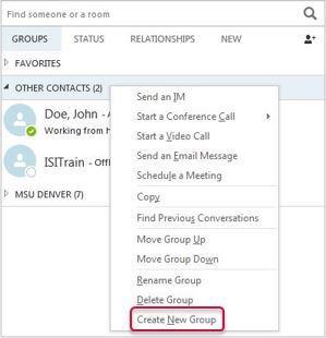 Method 2: 1. Click on the Groups tab. 2. Right click on any group name. A drop-down menu will display. 3. Select Create New Group from the drop-down menu. 4. Type in a name for your new Group.