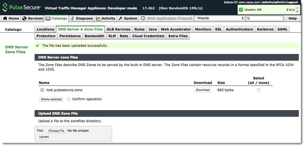 FIGURE 4 Uploading a DNS zone file 3. To use this zone file in a Traffic Manager DNS service, associate the zone file with a DNS Zone.