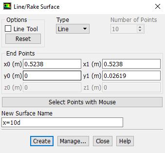 37 7.5. Creating Lines Setting Up Domain > Surface > Create > Line/Rake. Change x and y values as per below click Create. Repeat this for other lines shown in the table below.