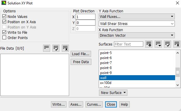 42 7.9. Exporting Wall Shear Stress Values Tree > Results > Plots > XY Plot (double click). Change Y function to Wall Fluxes and Wall Shear Stress.
