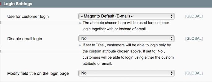 2017/12/15 12:22 11/14 Customer Attributes Use for customer login choose which attribute to use for login; Disable email login if you would like to use only the custom attribute for login (not