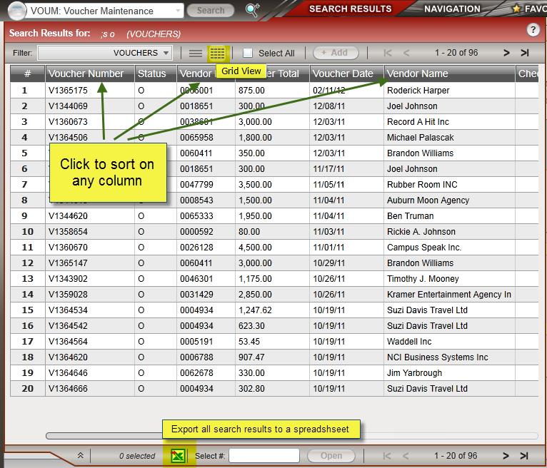 Figure 3: UI LookUp Search Results Grid View Sorting Results In Grid View, you can sort the search results by any available column.