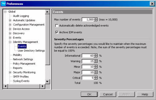 Troubleshooting IDM IDM Events Setting IDM Event Preferences Use the IDM Event Preferences to set up archiving and automatic deletion of events from the IDM Events tab and RADIUS Server Activity Logs.