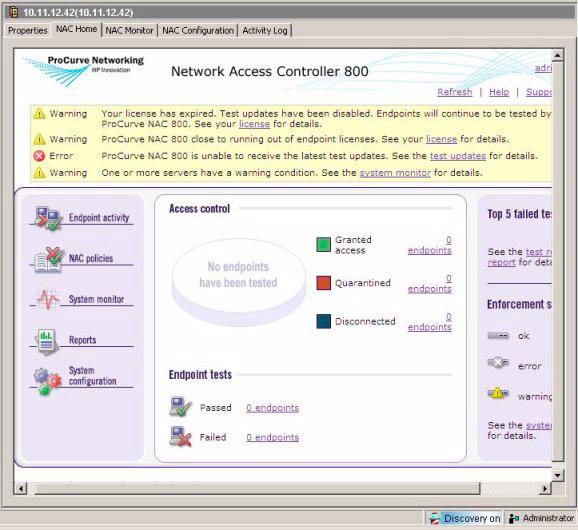 Using the NAC Home Tab Using ProCurve Network Access Controller with IDM Using the NAC Tab Displays The NAC Home tab launches the ProCurve NAC GUI within the IDM display. Figure A-3.
