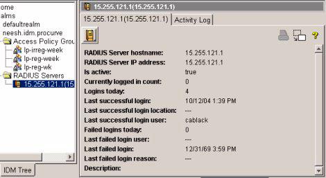 RADIUS List tab NOTE: If the RADIUS server is not in the IDM tree, check in the PCM Events for the following message: "PCM remote client authentication failure: <ip address>" Make sure the IP