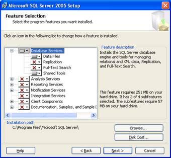 2-8 Getting Started Figure 2-6 Microsoft SQL Server 2005 Setup - Feature Selection Step 2 On the