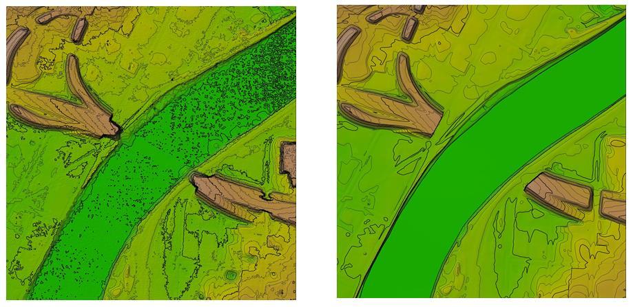 LiDAR Hydro Flattening Before After Hydrological Conditioning - Enhancement of a DEM so you have a uniform,