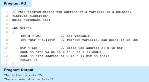 A Pointer Variable in Program 9-2 Initialize pointer variables with the special value nullptr.