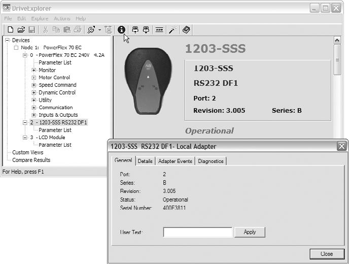 1203-SSS Smart Self-powered Serial Converter Firmware v3.006 3 Using DriveExplorer Lite/Full 1. Launch DriveExplorer and go online with the drive that is connected to the 1203-SSS converter. 2.
