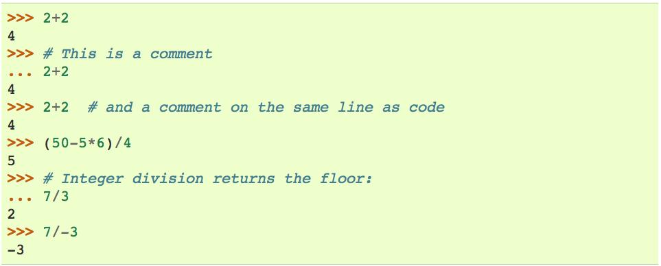 Using Python as a calculator including comments Contents >>> 2+2 4 >>> # This is a comment.