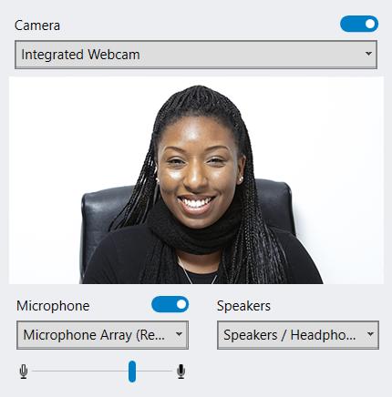 Select the audio and video devices you wish to use from the options available to you. Selecting the blue button beside Camera turns the video off.