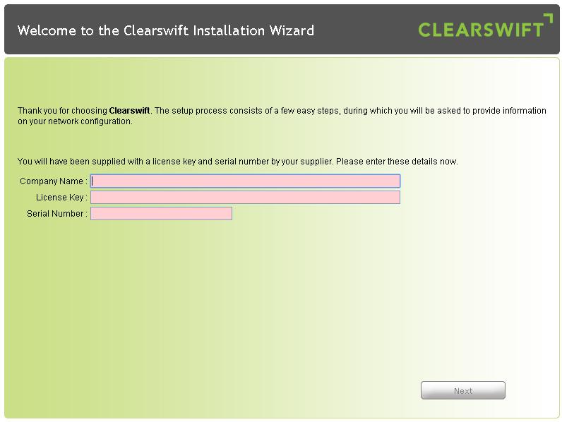 To check your IP address, log in to the console using the default credentials. Select View System Status and click OK. The Clearswift Welcome to the Installation Wizard page is displayed.