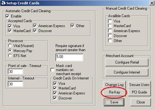 In order to access this option you would go to: Setup -> Credit Cards The following window will appear: In order to rekey manually click the Re-Key
