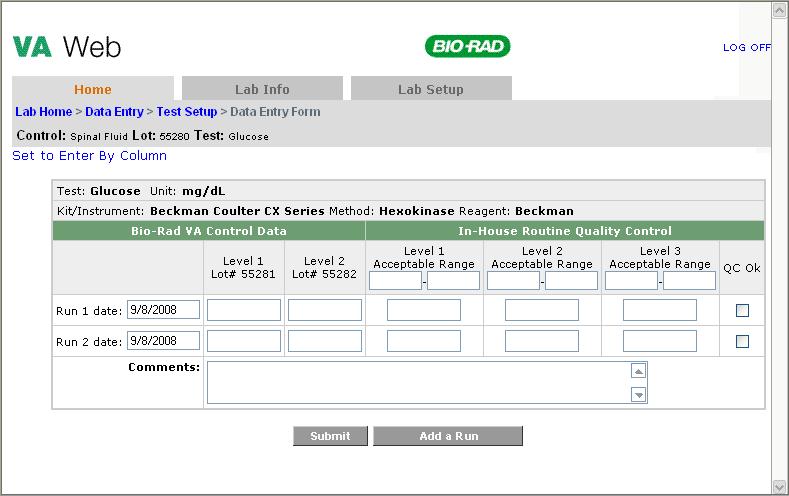 Entering Test Data 15 Make sure the In-House Routine Quality Control data entered is within the acceptable ranges and then select the QC Ok check box.