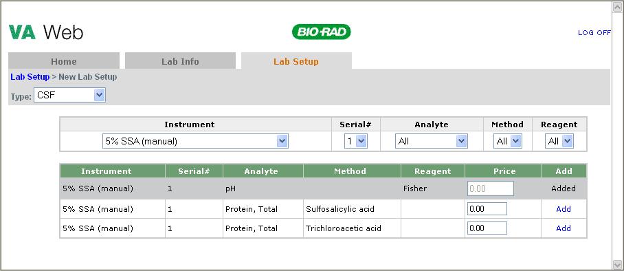 Working with Lab Setup Adding a New Test to the Lab Setup 1 Click. The Lab Setup page appears. 2 Click the Add New Setup link. The New Lab Setup page appears. 3 Select the type from the Type list.