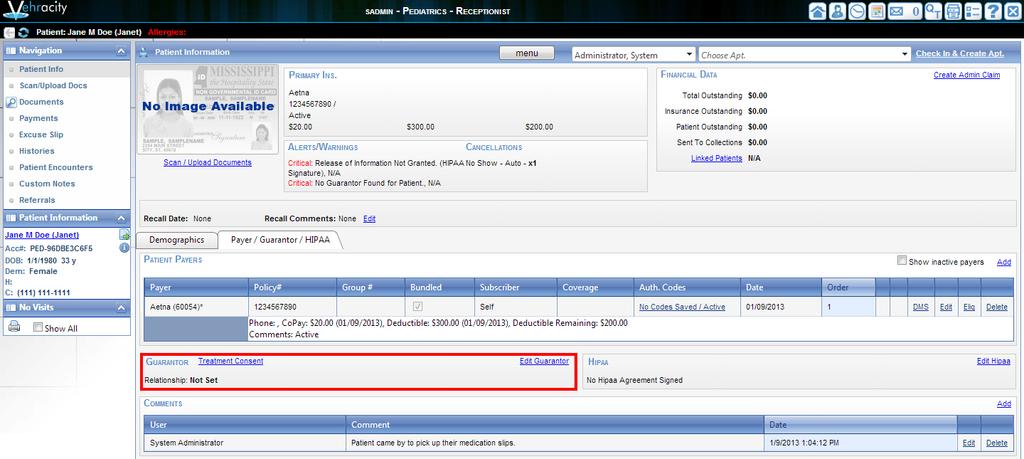 How to Edit/Add Guarantor On the Patient Info screen of the Payer/Guarantor / HIPAA tab, the user can see the Guarantor for the patient below the Guarantor section next to Relationship.