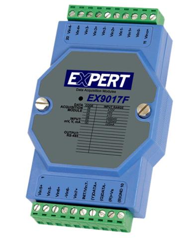 EX9017-M 8-CHANNEL, 16 BIT MODBUS ANALOG IN MODULE The EX9017-M Analog In 16bit module can easily be integrated to a RS485 network. The module has 8 analog inputs.