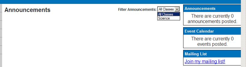 Classes and Your Public Website Once you have entered in your classes, your public website becomes filterable based on these classes. Below is an example of the announcements page.