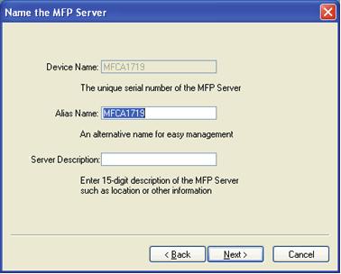 9. Set the Alias Name and the Server Description to the MFP Server here. Click on Next.