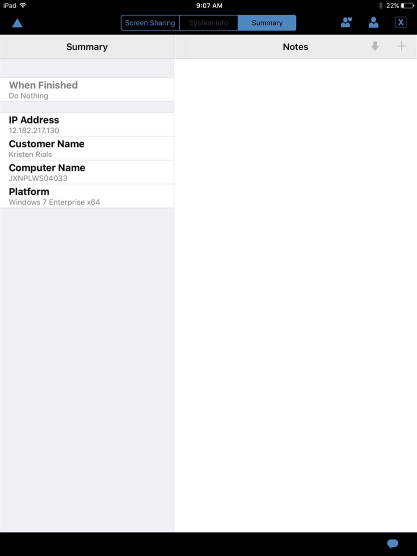 View a Summary of the Support Request from the ios Rep Console The Summary page gives an overview of the remote system, including information like